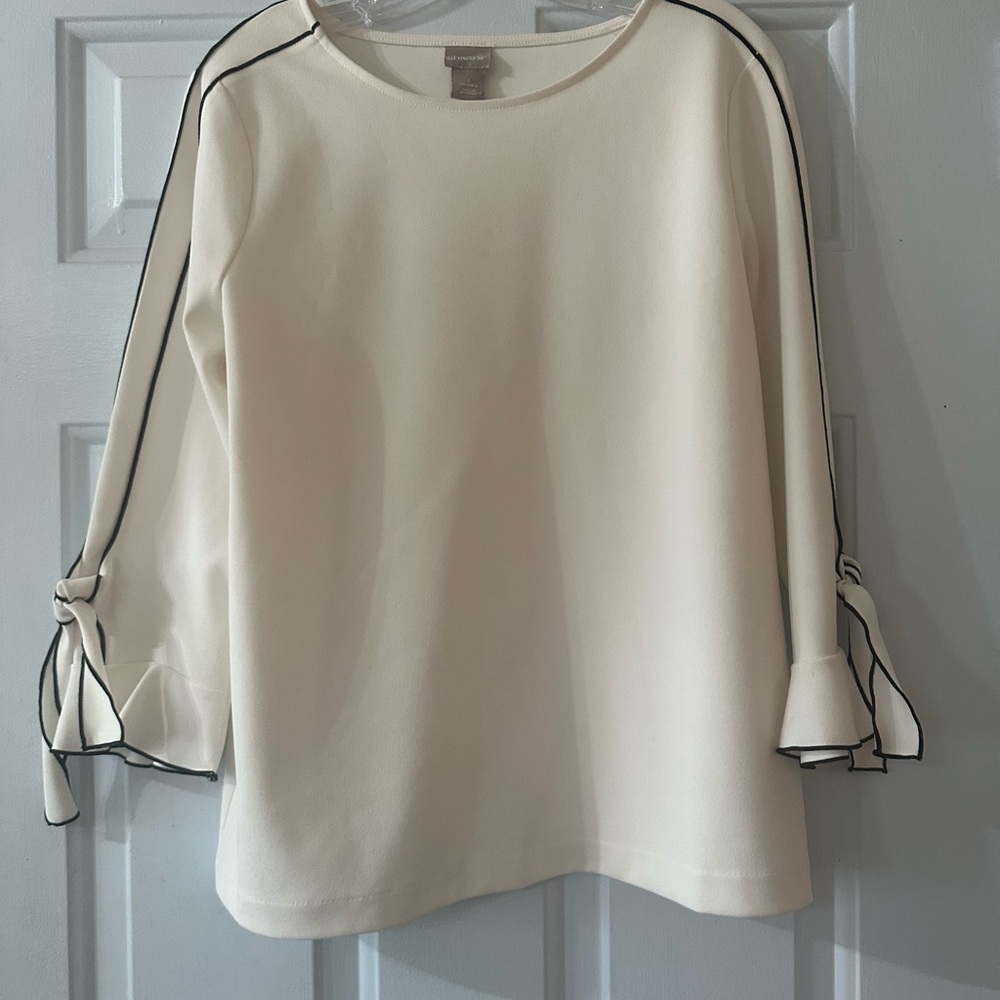 Chico's Cream Blouse with Black Piping Ruffled Tie-Sleeves. Size medium.